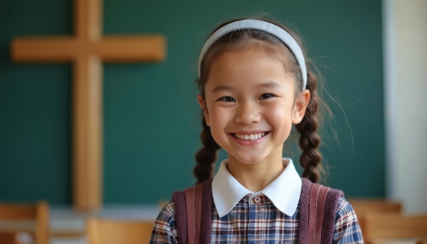 kid sitting in front of a cross